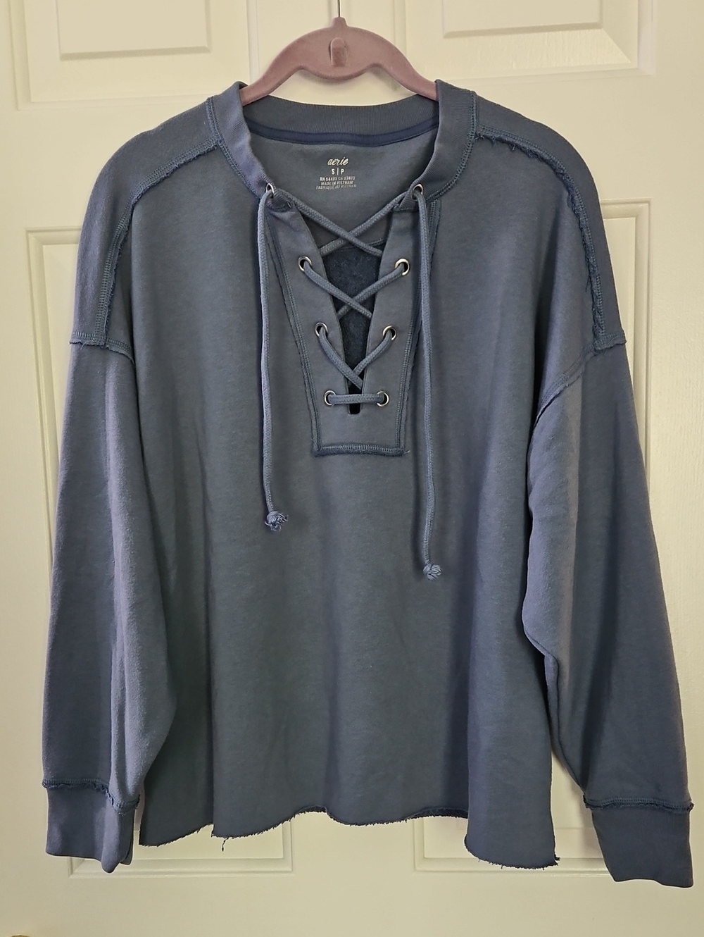 aerie Slate Blue Lace-Up Pullover Sweatshirt